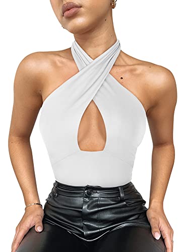 Sexy Halter Neck Criss Cross White Bodysuit
