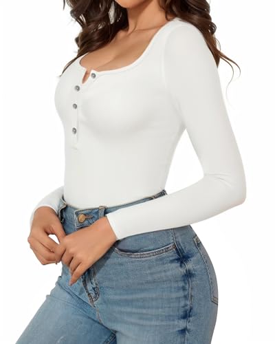MANGOPOP Women's Ribbed Henley Bodysuits - Various Sleeve Options