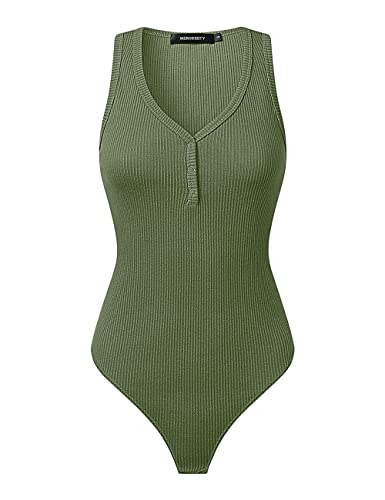 MEROKEETY Women's Ribbed Button V Neck Bodysuit Green