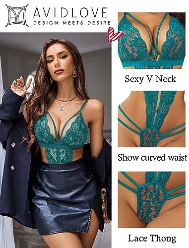 Deep V Lace Bodysuit Babydoll Teddy Lingerie - Peacock Blue