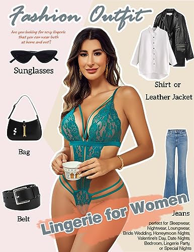 Deep V Lace Bodysuit Babydoll Teddy Lingerie - Peacock Blue