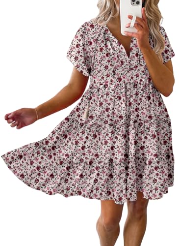 Boho Floral V Neck Babydoll Mini Dress