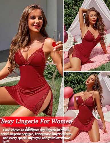 Avidlove Lace Chemise Lingerie Nightgown in Wine Red