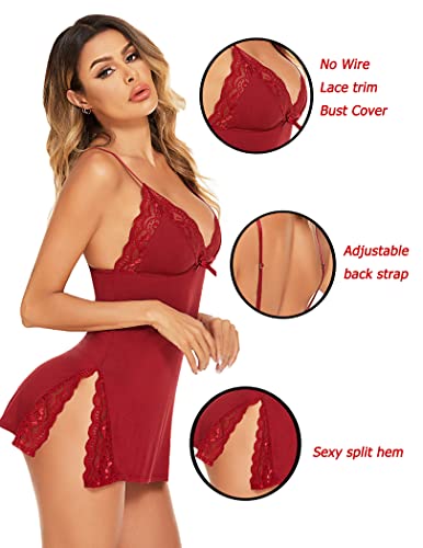 Avidlove Lace Chemise Lingerie Nightgown in Wine Red