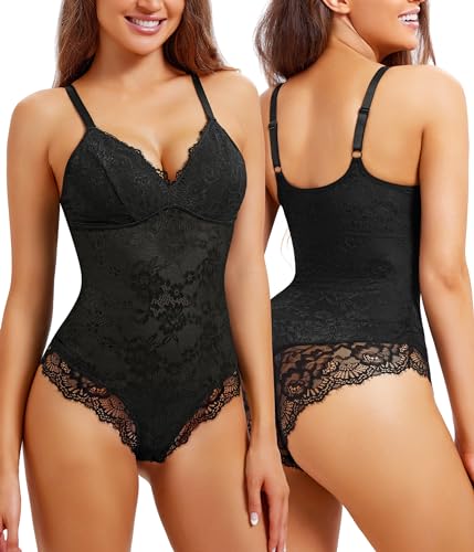 Lace Shapewear Bodysuit: Tummy Control, V-Neck, Medium