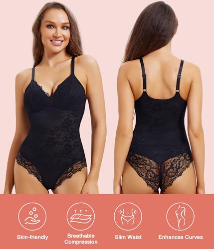 Lace Shapewear Bodysuit: Tummy Control, V-Neck, Medium