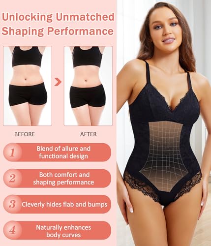 Lace Shapewear Bodysuit: Tummy Control, V-Neck, Medium