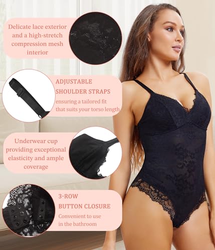 Lace Shapewear Bodysuit: Tummy Control, V-Neck, Medium