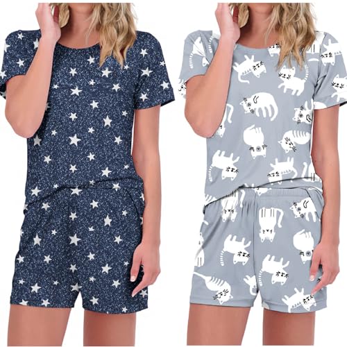 Ekouaer 4pc Women's Short Sleeve Pajama Set - Star&Cat