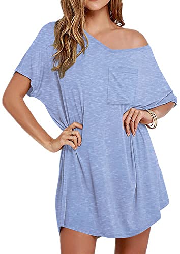 Ekouaer Oversized V Neck Nightgown - Light Blue