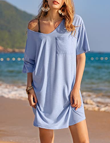 Ekouaer Oversized V Neck Nightgown - Light Blue