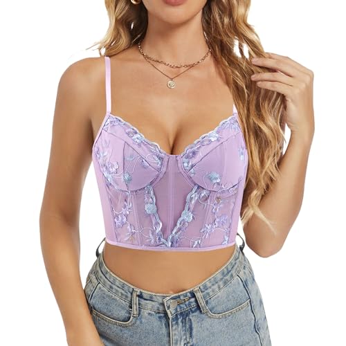Chic Floral Embroidered Corset Top with Push-Up Bustier