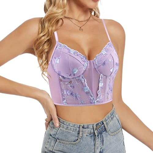 Chic Floral Embroidered Corset Top with Push-Up Bustier
