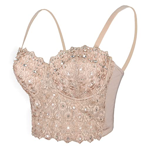ELLACCI Lace Rhinestone Bustier Crop Top for Sexy Women