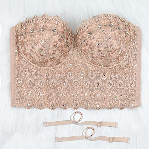ELLACCI Lace Rhinestone Bustier Crop Top for Sexy Women