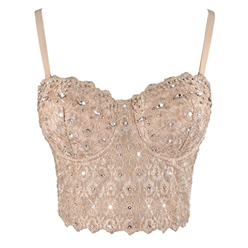 ELLACCI Lace Rhinestone Bustier Crop Top for Sexy Women