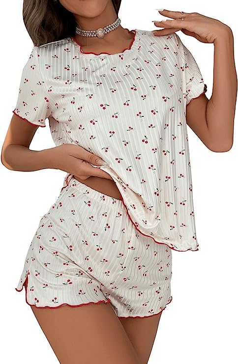 SOLY HUX Women's Beige Cherry Print Pajama Set