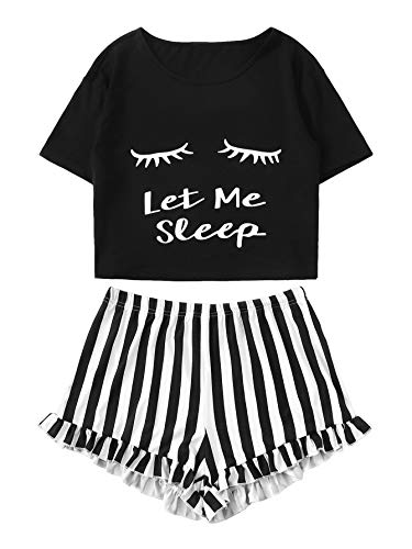 WDIRARA Women's Closed Eyes Print Pajama Set Black
