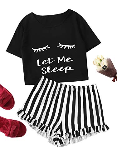 WDIRARA Women's Closed Eyes Print Pajama Set Black
