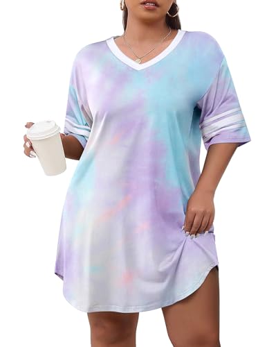 Ekouaer Plus Size Tie Dye Night Shirt, 24+