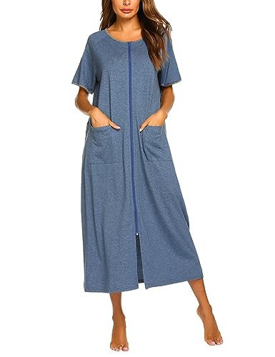 Short Sleeve Zip-Front O-neck Bathrobe Sleepwear Long Robe