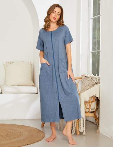 Short Sleeve Zip-Front O-neck Bathrobe Sleepwear Long Robe