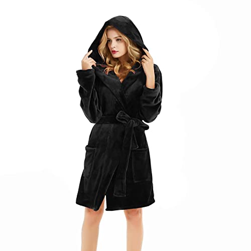 Black Hooded Plush Robe, Warm Fleece Loungewear (S/M)