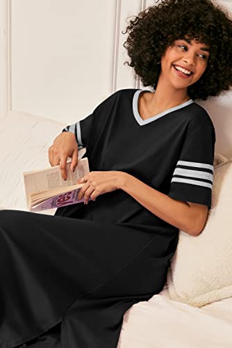 Soft black nightshirt with short sleeves, V-neck, XXL