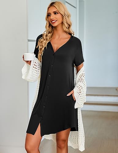 Ekouaer Women's Black Plus Size Nightshirt with Pockets
