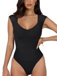 REORIA Women's Seamless Slimming V Neck Bodysuit Black