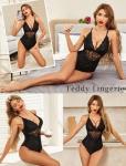 Avidlove Lace Deep V Teddy Bodysuit Babydoll - Black