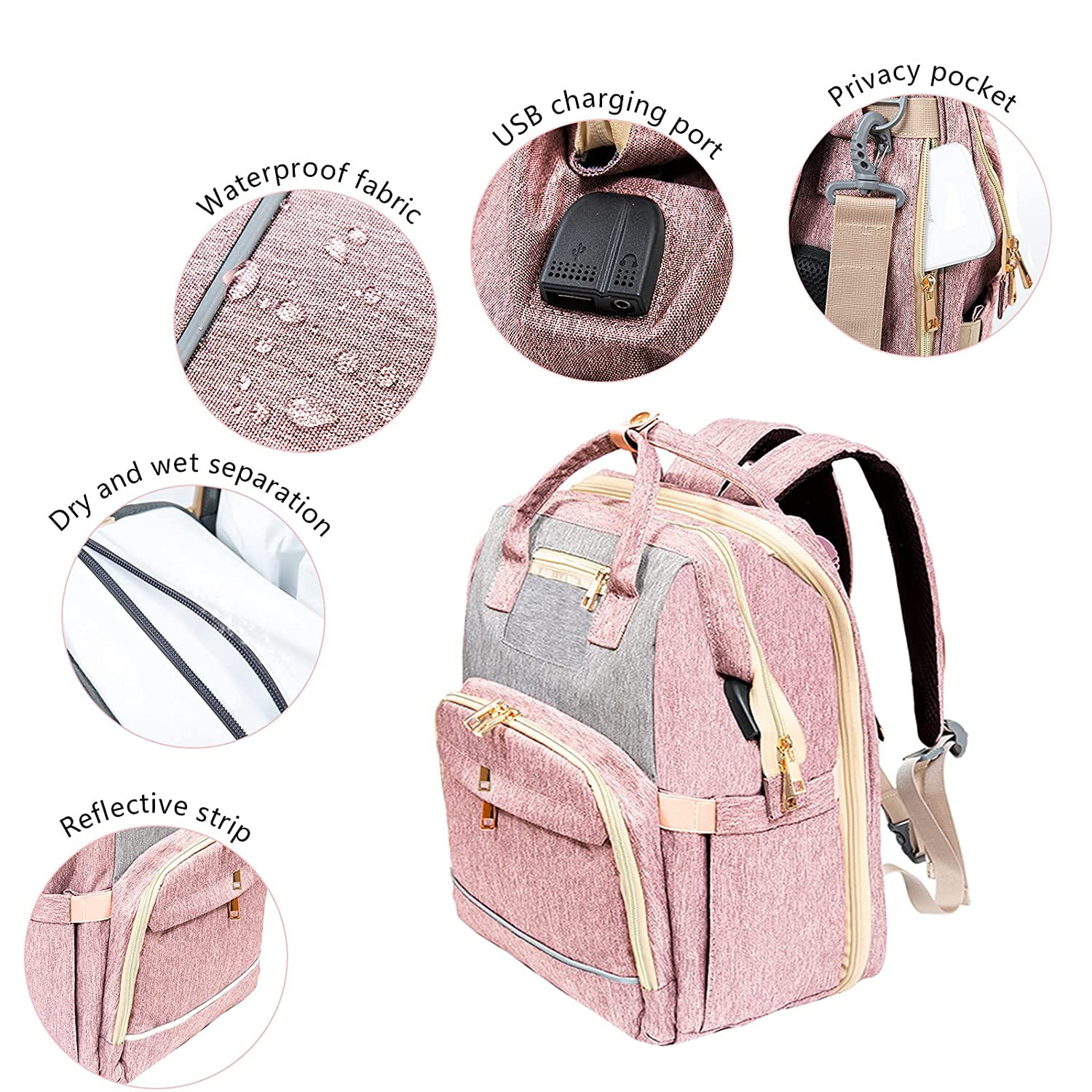 Pink WiseWater Diaper Backpack with Changing Station & USB Charging
