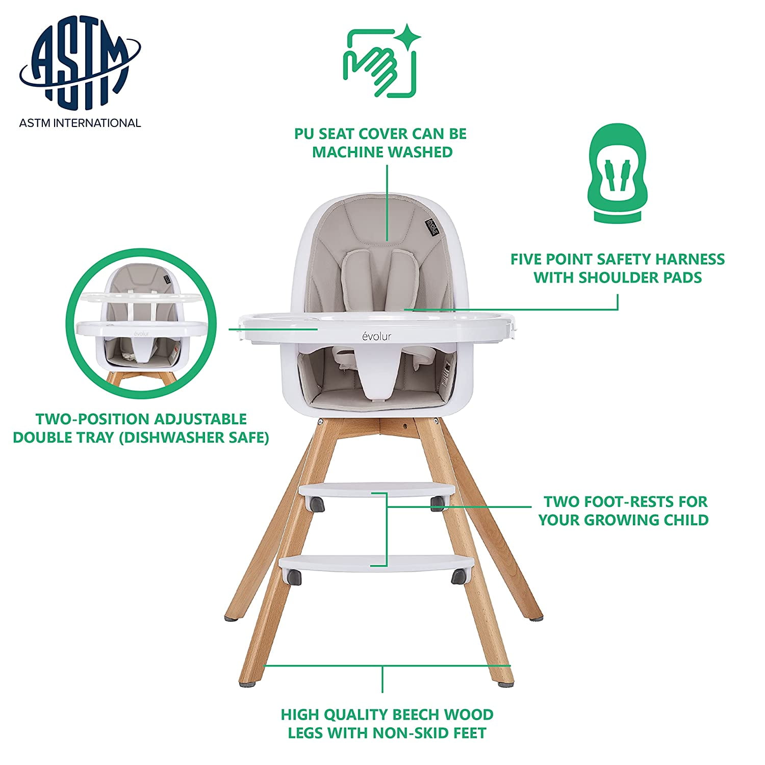 Evolur Zoodle High Chair - Light Grey
