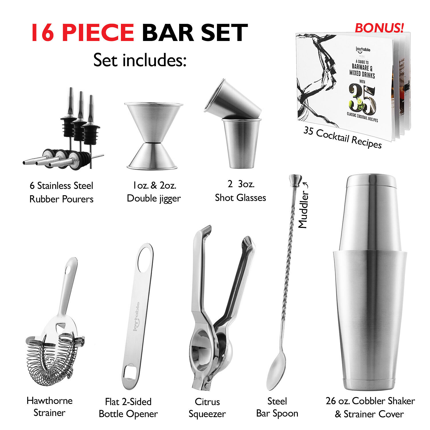 16 Piece Complete Cocktail Shaker Bar Tools Set