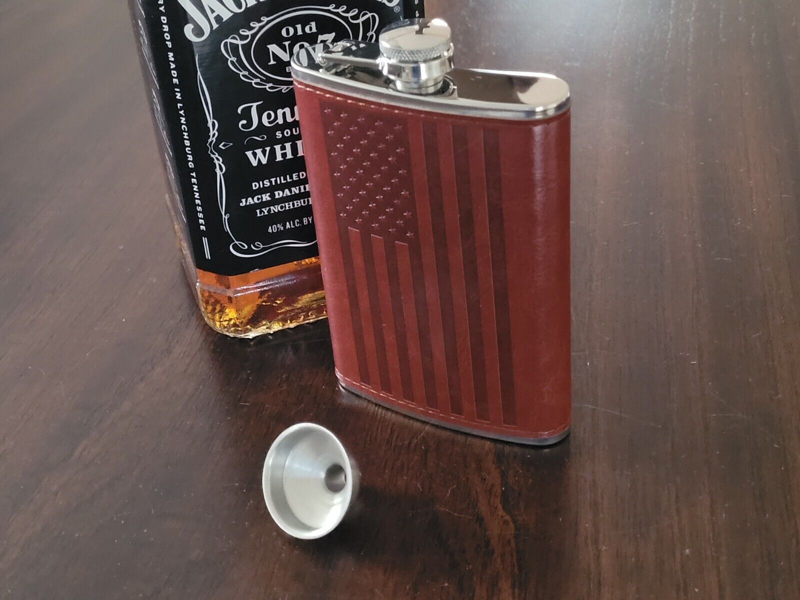 US Flag Genuine Leather Wrap 8 oz. Stainless Steel Hip Flask