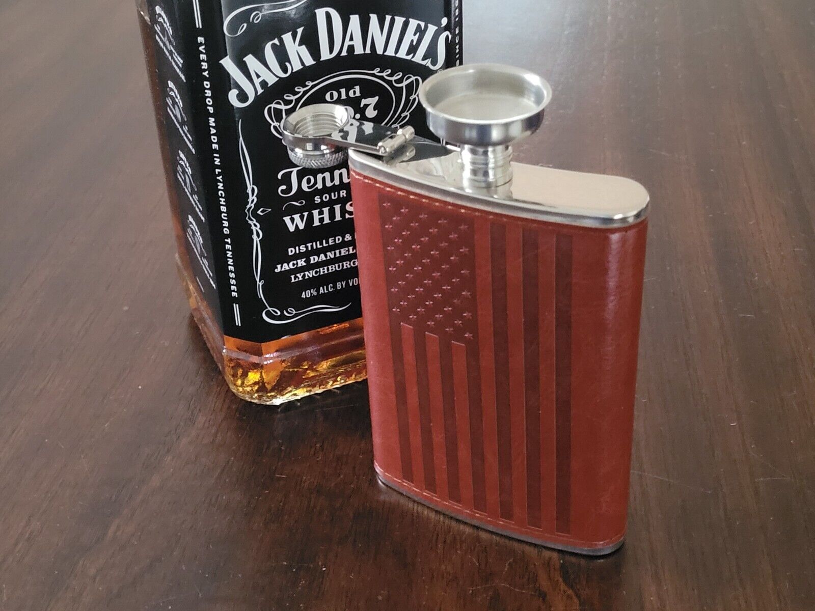 US Flag Genuine Leather Wrap 8 oz. Stainless Steel Hip Flask