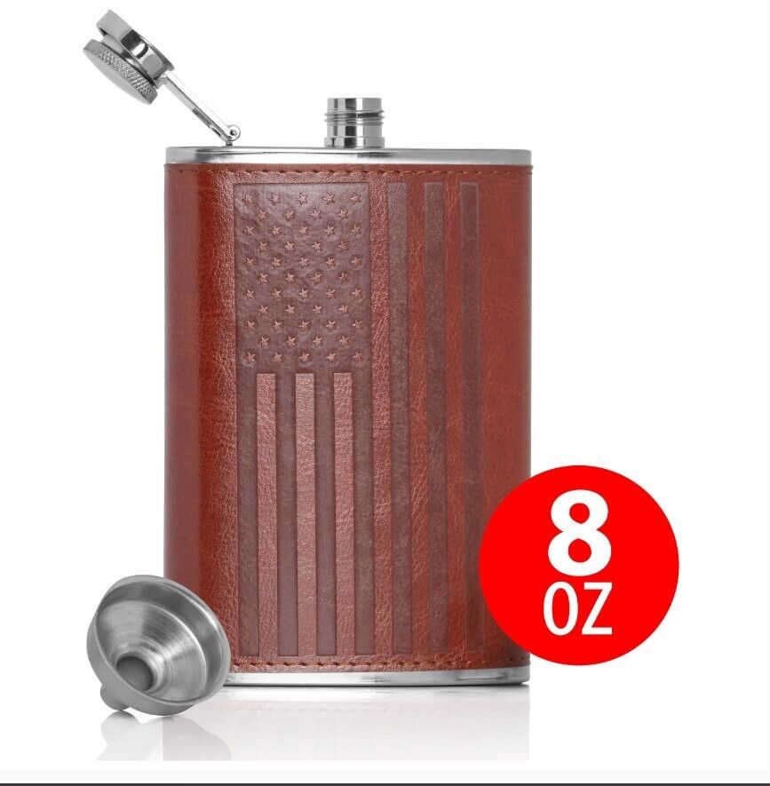 US Flag Genuine Leather Wrap 8 oz. Stainless Steel Hip Flask