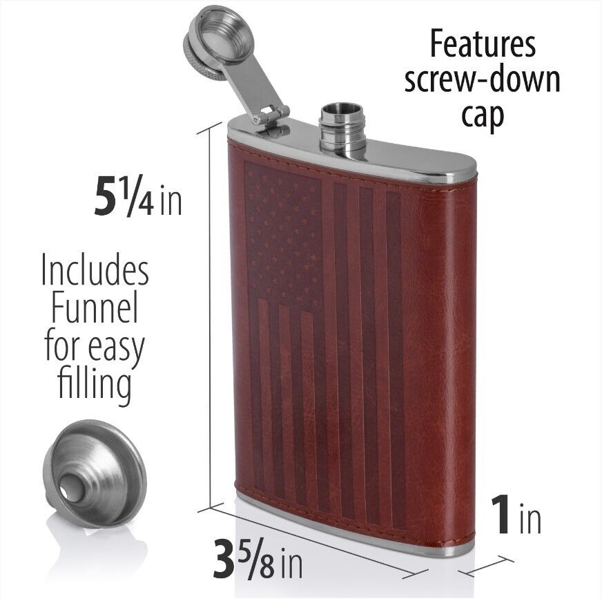 US Flag Genuine Leather Wrap 8 oz. Stainless Steel Hip Flask