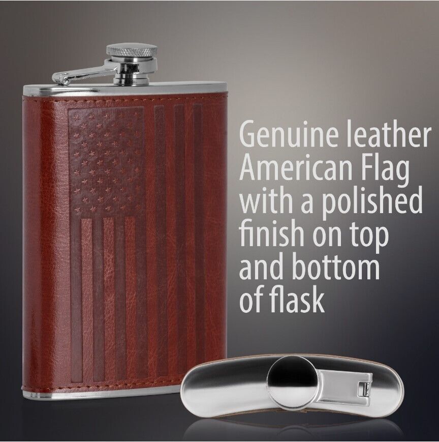 US Flag Genuine Leather Wrap 8 oz. Stainless Steel Hip Flask