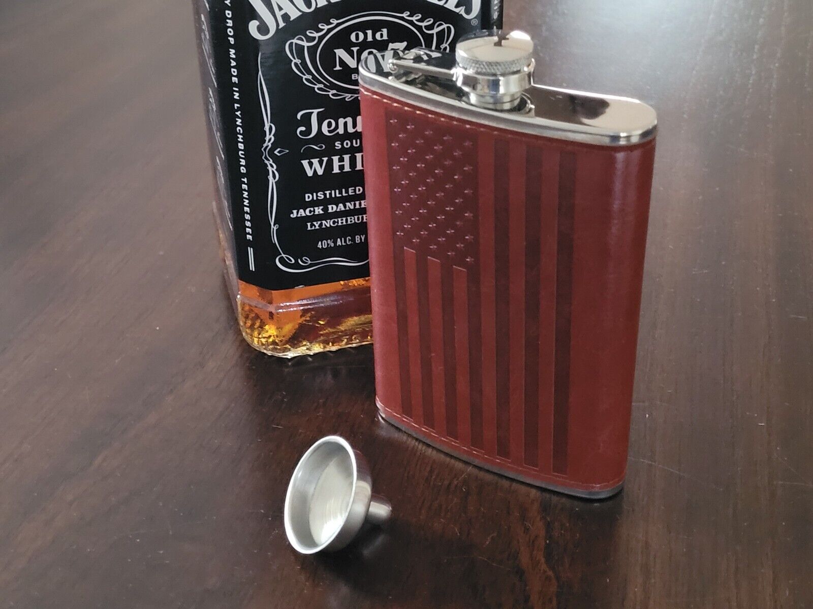 US Flag Genuine Leather Wrap 8 oz. Stainless Steel Hip Flask