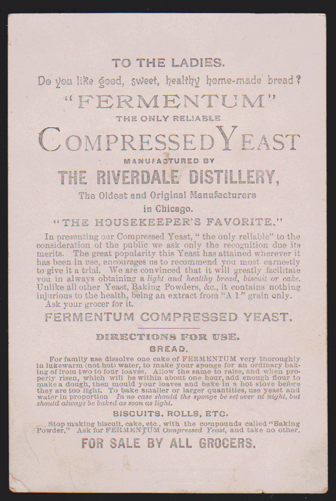 Riverdale Distillery Fermentum Compressed Yeast Trade Card - C942
