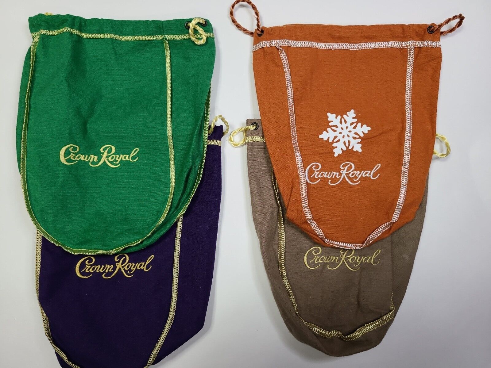 Mix of 4 Crown Royal Bags: Purple, Green, Vanilla, Caramel