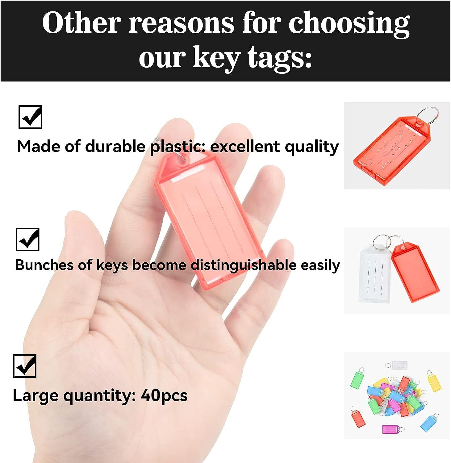 40 Plastic Key Tags with Split Ring, 10 Colors