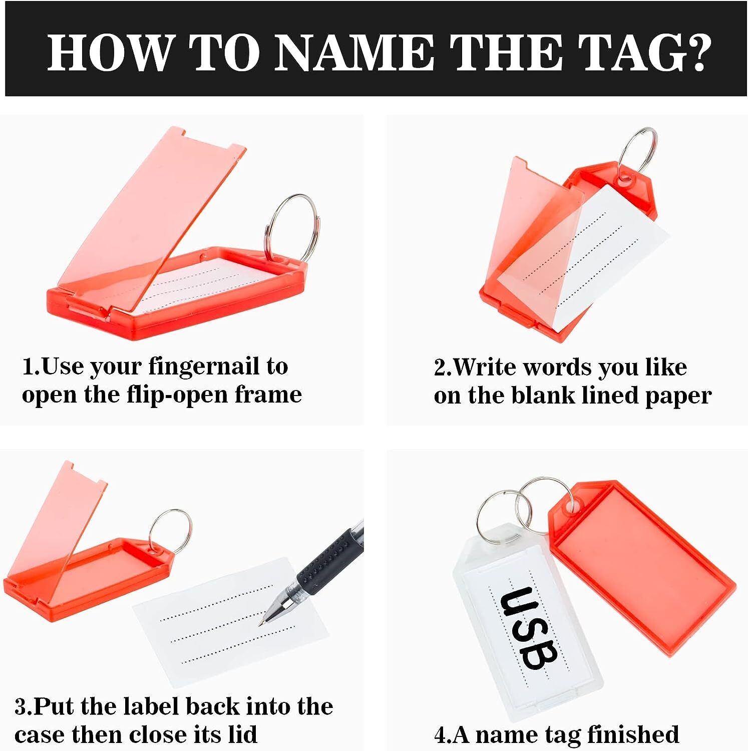 40 Plastic Key Tags with Split Ring, 10 Colors
