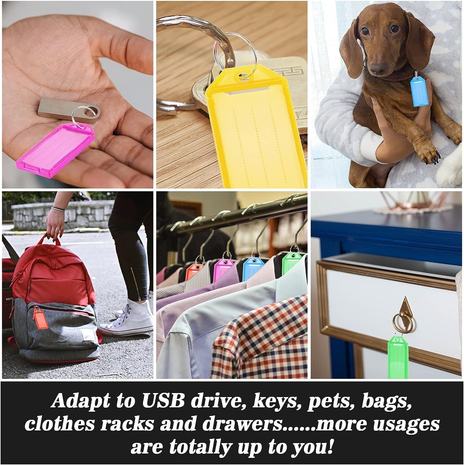 40 Plastic Key Tags with Split Ring, 10 Colors