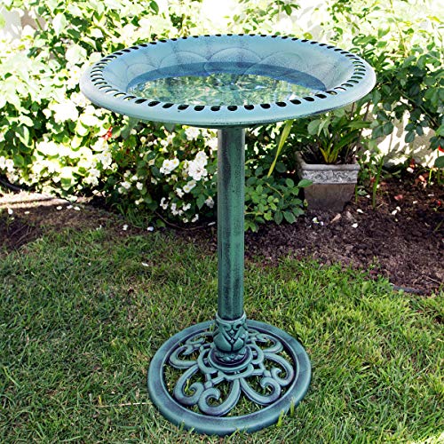 Green Outdoor Birdbath with Scrollwork Decoration, 28" Tall