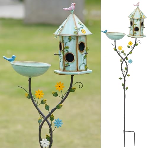 56" H Bird Baths and Bird Houses Bundle: Metal Bowl, Stake, Garden Decor