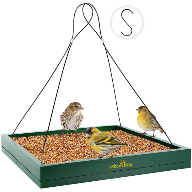 Green Hanging Tray Wooden Bird Feeder for Wild Birds