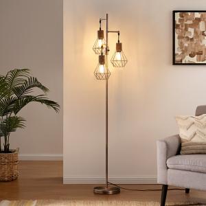EDISHINE Industrial Dimmable Floor Lamp, Diamond Cage, Rattan, for Living Room