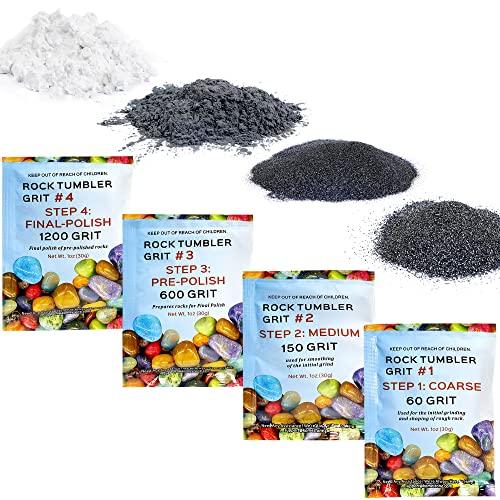 KomeStone Enhanced Rock Tumbler Grit and Polish Refill Kit – Trial Pack, 4-Step Polishing Grits, 4 Bags Abrasive Grit, Compatible with All Rock Tumblers